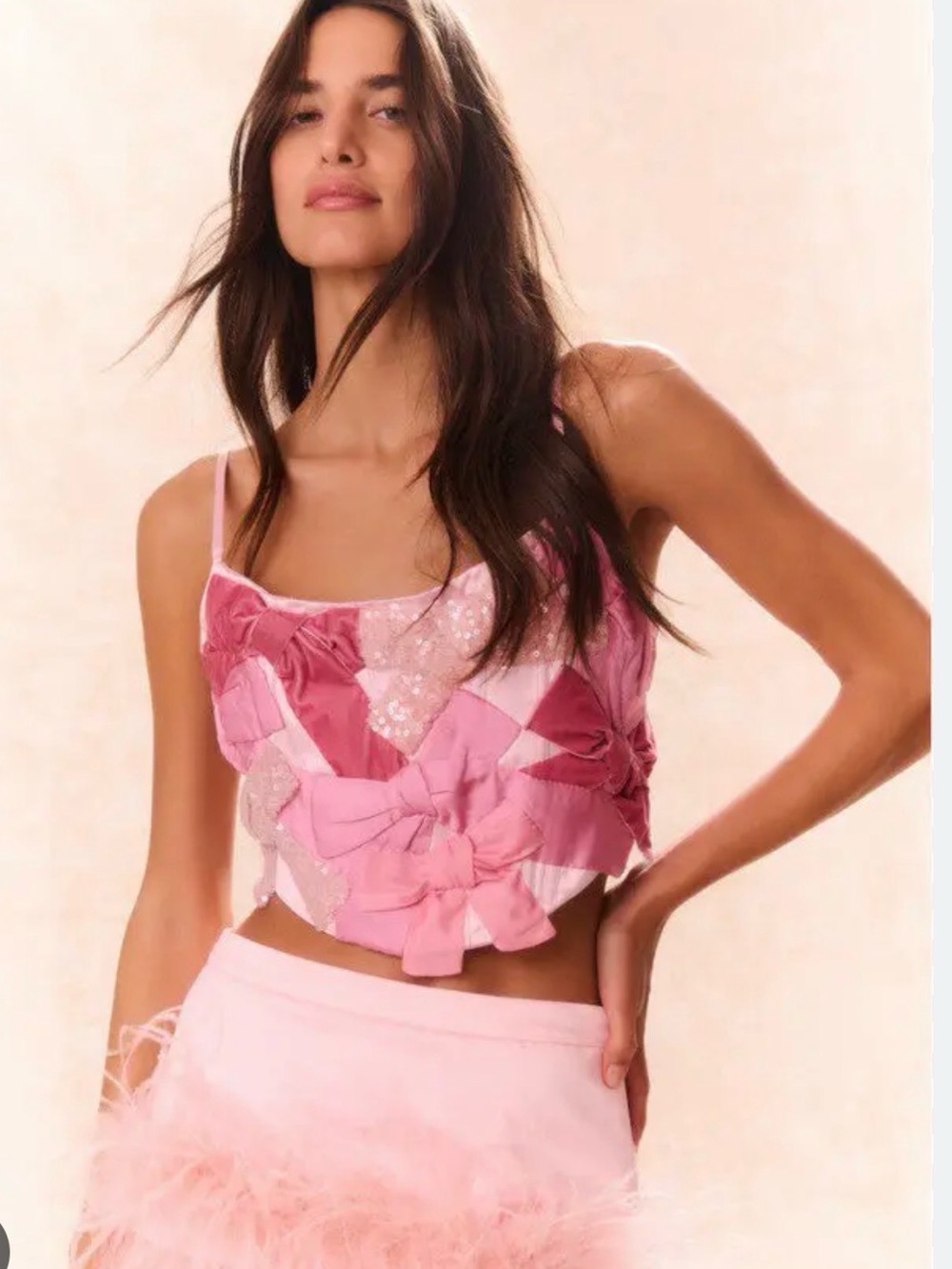 LoveShackFancy Pink Patchwork Bow Corset Top